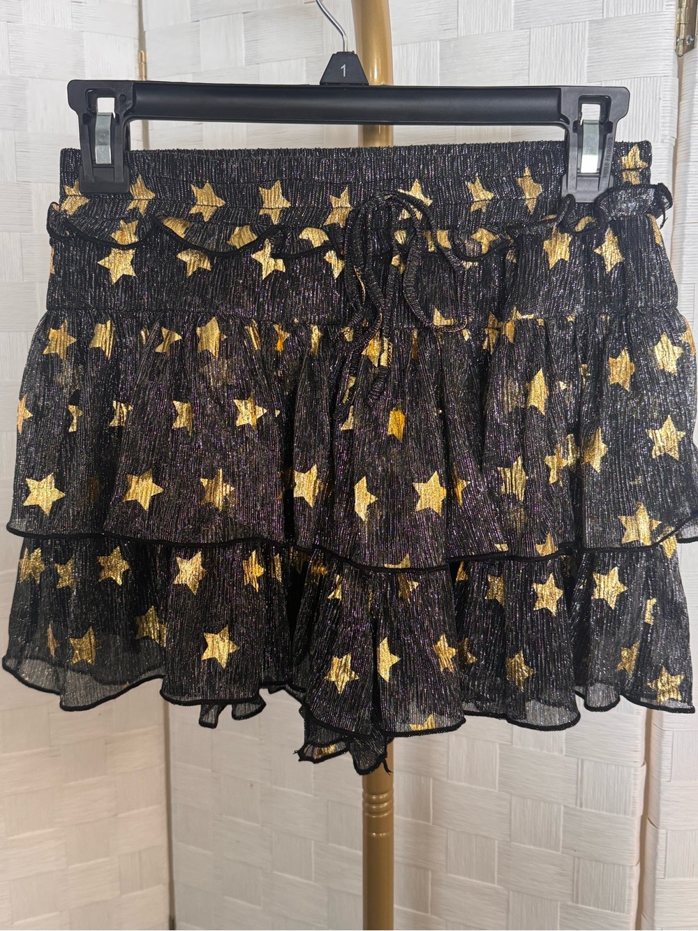 MainStrip Tiered Black Skort with Gold Star Print